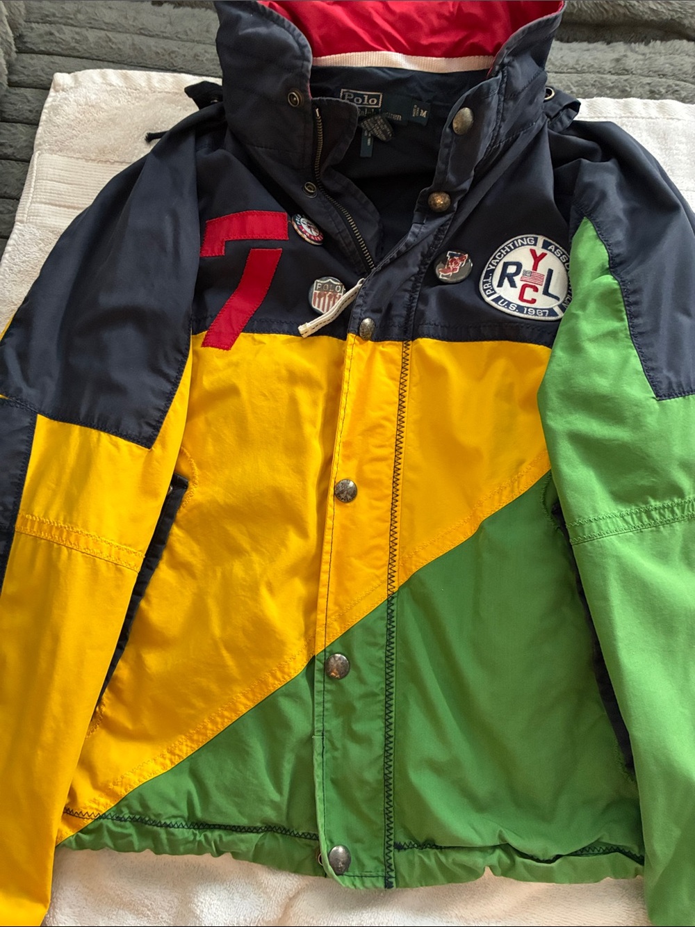 Polo by Ralph Lauren Navy Red Yellow Green Diagonal Panel Windbreaker